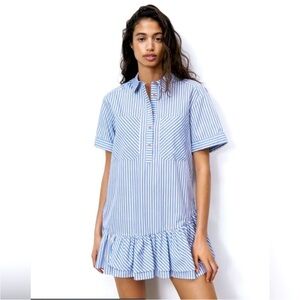 Zara Blue and Cream Striped Mini Dress Ruffle Frill Size Small Oversized
